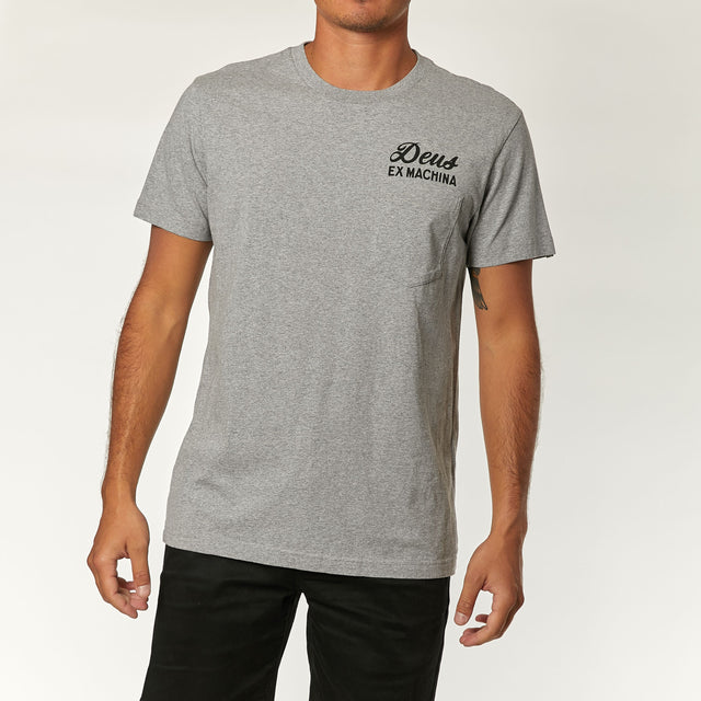Grey regular fit pocket t-shirt with chest art and address back print, 190gm oe 100% cotton jersey fabrication with a garment wash
