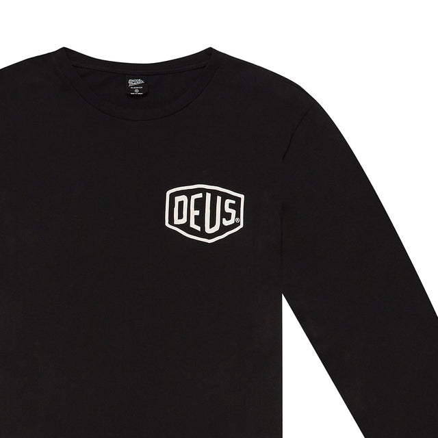 Black regular fit classic l/s t-shirt with chest art and address back print, 190gm oe 100% cotton jersey fabrication with a garment wash