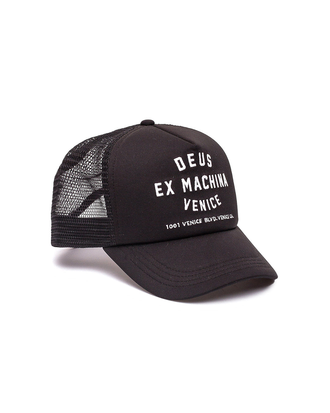 Black classic trucker cap with front address embroidery in 60% polyester interlock 40% nylon mesh fabrication with plastic snap adjuster|Flatlay