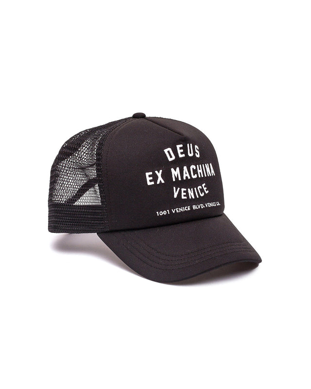Black classic trucker cap with front address embroidery in 60% polyester interlock 40% nylon mesh fabrication with plastic snap adjuster