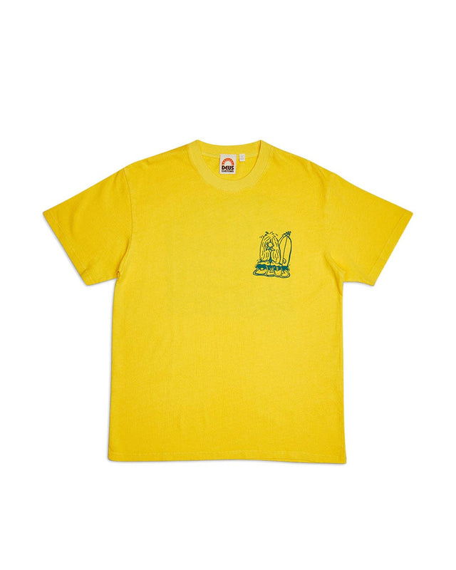 yellow box fit t-shirt with front and back prints, 280gm heavy 100% organic cotton rugby jersey fabrication, garment dyed with a heavy enzyme stone wash