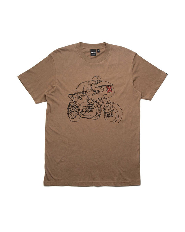 brown regular fit t-shirt, front print, 150gm 100% organic combed cotton jersey fabrication with a garment wash