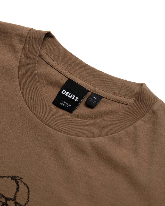 brown regular fit t-shirt, front print, 150gm 100% organic combed cotton jersey fabrication with a garment wash