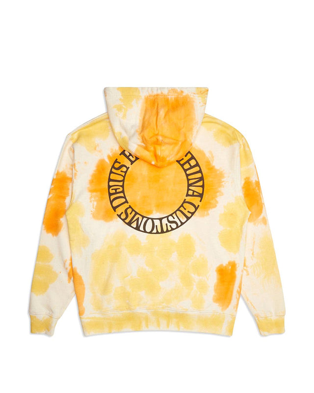 yellow oversized fit hoodie with all over tie dye, chest and back prints, 450gm 100% organic cotton brushed back rugby fleece fabrication with a heavy enzyme stone wash