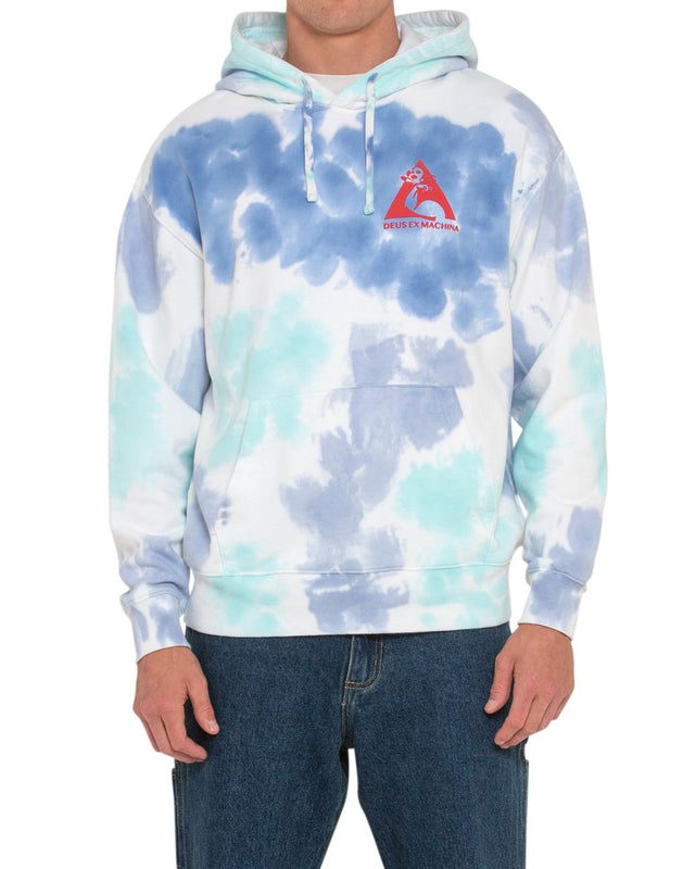 blue oversized fit hoodie with all over tie dye, chest and back prints, 450gm 100% organic cotton brushed back rugby fleece fabrication with a heavy enzyme stone wash