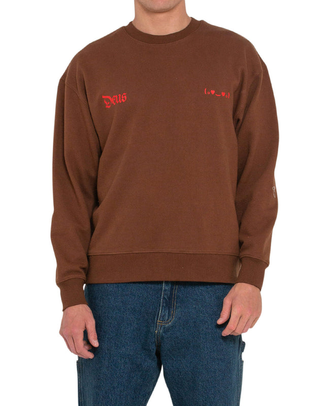 brown oversized fit crew with chest and back prints, 450gm 100% organic cotton brushed back rugby fleece fabrication with a heavy enzyme stone wash
