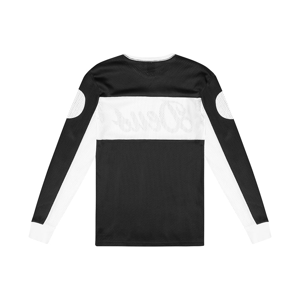 Black regular fit multi panel l/s moto jersey with chest prints and badge detailing,  100% polyester mesh fabrication with a garment wash|Flatlay