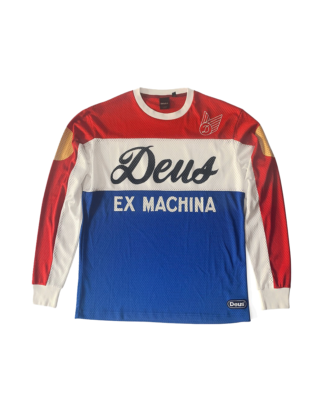 Multi-coloured regular fit multi panel l/s moto jersey with chest prints and badge detailing,  100% polyester mesh fabrication with a garment wash|Flatlay