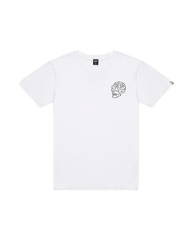 White regular fit s t-shirt with chest art and address back print, 190gm cotton jersey fabrication with a garment wash