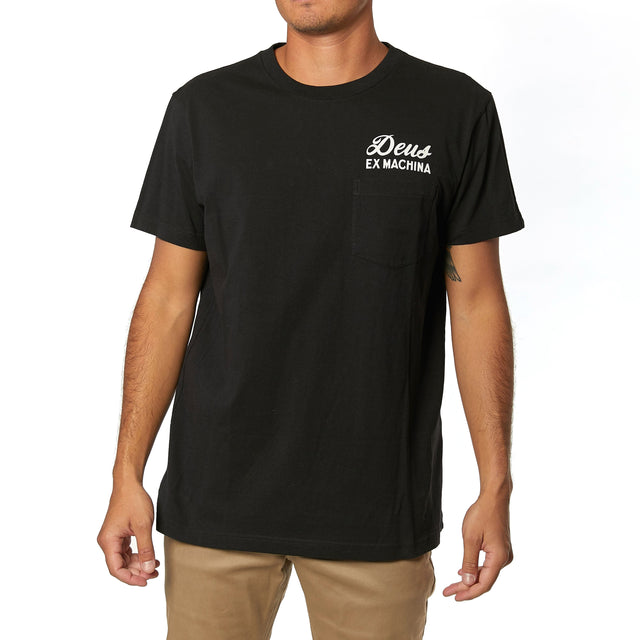 Black regular fit pocket t-shirt with chest art and address back print, 190gm oe 100% cotton jersey fabrication with a garment wash