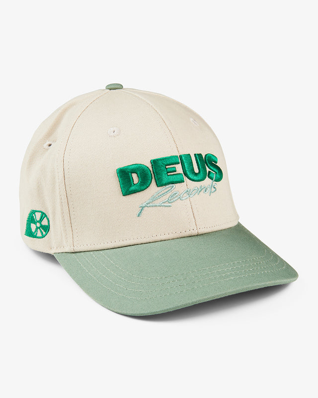 green and white classic fit baseball cap with embroidered front and side art, contrast colour brim, plastic back snap adjuster, 100% cotton twill fabrication
