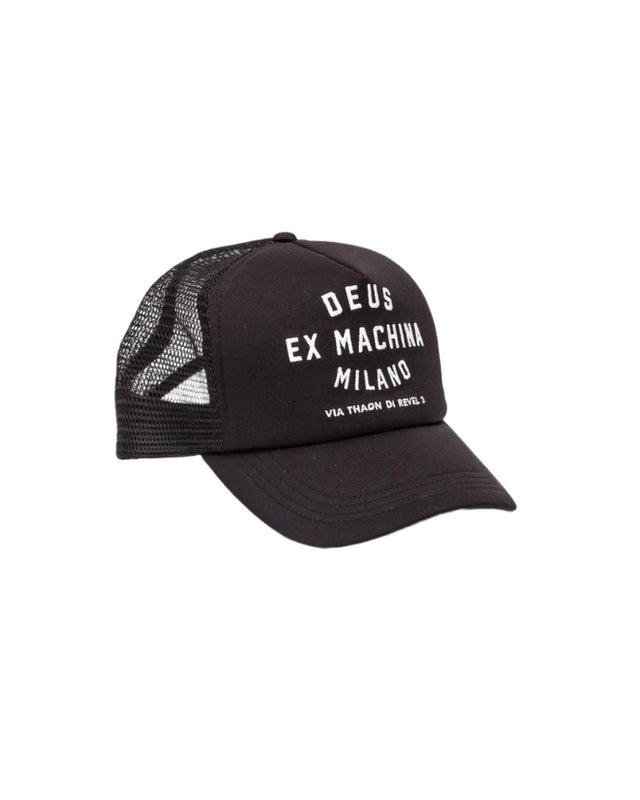 Black classic trucker cap with front address embroidery in 60% polyester interlock 40% nylon mesh fabrication with plastic snap adjuster