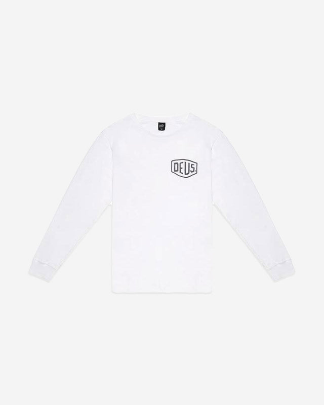 White regular fit classic l/s t-shirt with chest art and address back print, 190gm oe 100% cotton jersey fabrication with a garment wash