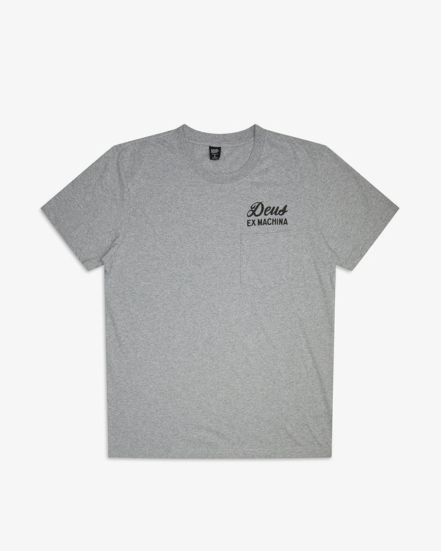 Grey regular fit pocket t-shirt with chest art and address back print, 190gm oe 100% cotton jersey fabrication with a garment wash